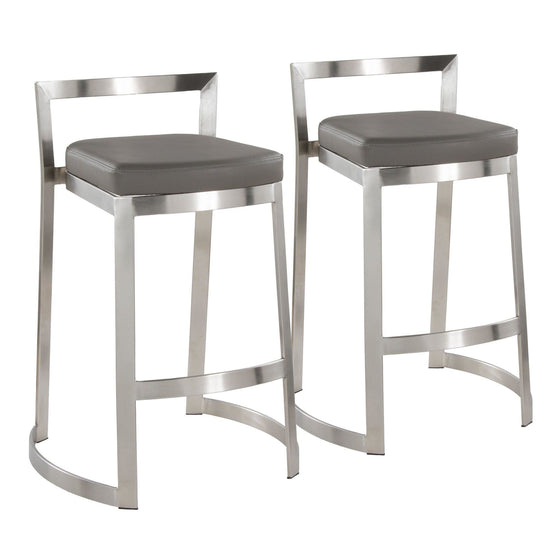 Fuji - DLX Counter Stool - Stainless Steel And Gray Faux Leather Cushion (Set of 2)