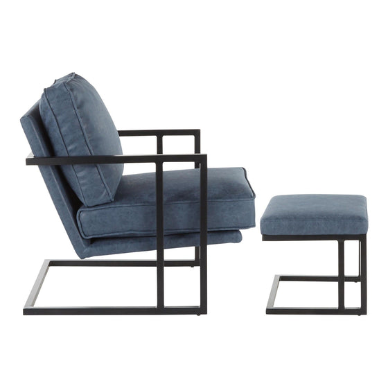 Roman - Lounge Chair And Ottoman - Black Metal And Blue Faux Leather