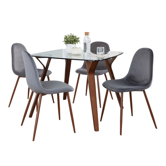 Folia - Square Fabrico - Dining Set - Walnut Wood, Round Clear Tempered Glass And Gray Fabric (Set of 5)