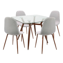  Clara - Pebble Dining Set - Walnut Metal, Clear Glass Tabletop And Gray Fabric (Set of 5)