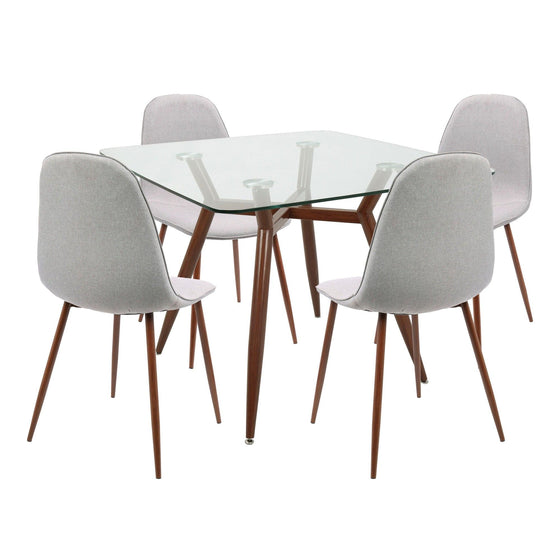 Clara - Pebble Dining Set - Walnut Metal, Clear Glass Tabletop And Gray Fabric (Set of 5)