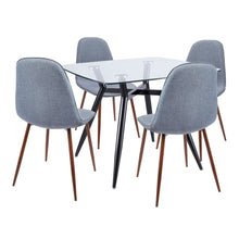  Clara - Pebble Dining Set - Black Metal, Walnut Metal, Clear Glass Tabletop And Blue Fabric (Set of 5)