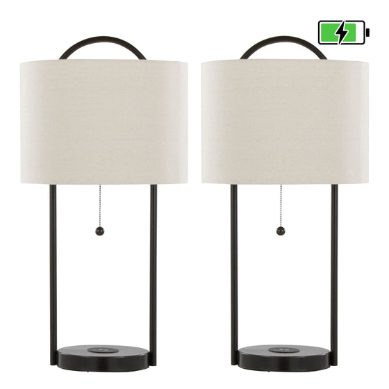 Porto - 28" Metal Table Lamp With Wireless Charging - Oil Bronze And Natural Linen Shade from Grandview Gallery (Set of 2)