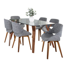  Folia - Fabrico - Dining Set - Walnut Wood, Clear Tempered Glass And Gray Fabric (Set of 7)