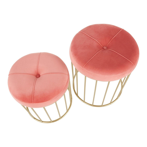 Canary - Nesting Ottoman Set - Gold Metal And Pink Velvet