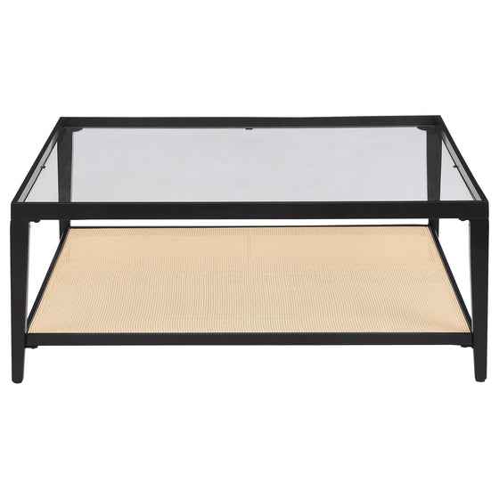 Amherst - Glass Top Metal with Cane Shelf Coffee Table - Black