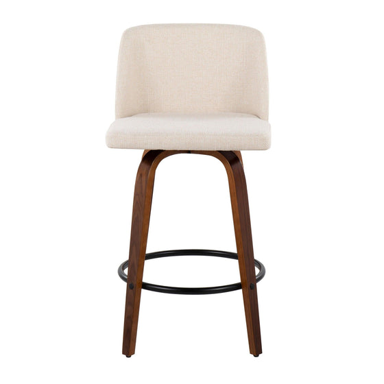 Toriano - Fixed - Height Counter Stool - Walnut Wood With Round Black Footrest And Cream Noise Fabric (Set of 2)