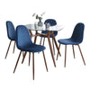 Clara - Pebble Dining Set - Black Metal, Walnut Metal, Clear Glass Tabletop And Blue Fabric (Set of 5)