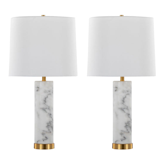 Marabella - 26" Marble Table Lamp - White Marble And Brass Metal With White Linen Shade (Set of 2)