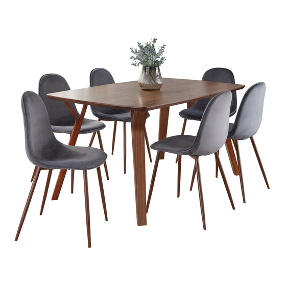 Folia - Fabrico - Dining Set - Walnut Wood And Gray Noise Fabric (Set of 7)