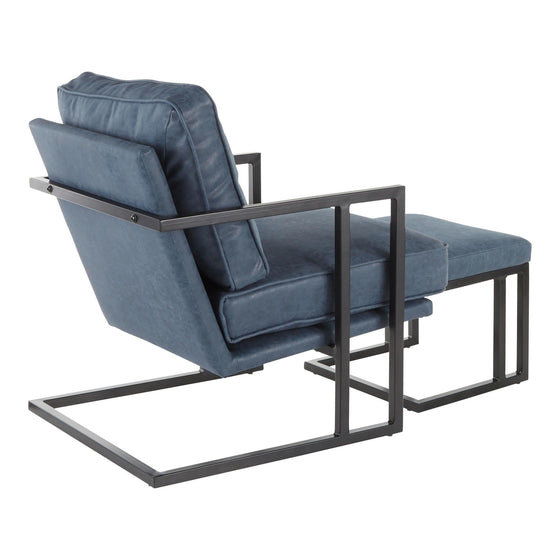 Roman - Lounge Chair And Ottoman - Black Metal And Blue Faux Leather