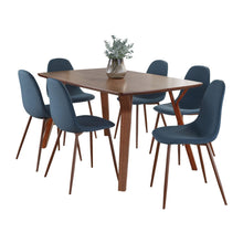  Folia - Pebble Dining Set - Walnut Wood, Walnut Metal And Blue Fabric (Set of 7)