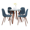 Folia - Round Pebble Dining Set - Walnut Wood, Round Clear Tempered Glass, Walnut Metal And Blue Fabric (Set of 5)