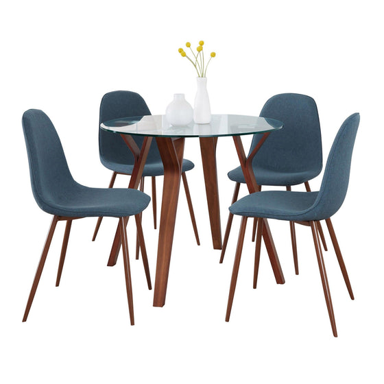 Folia - Round Pebble Dining Set - Walnut Wood, Round Clear Tempered Glass, Walnut Metal And Blue Fabric (Set of 5)