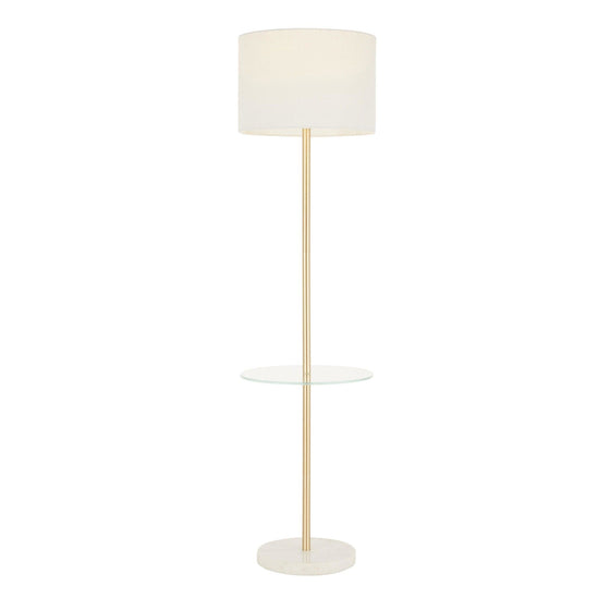 Chloe - Shelf Floor Lamp - White Marble Base, Clear Glass Shelf And White Linen Shade