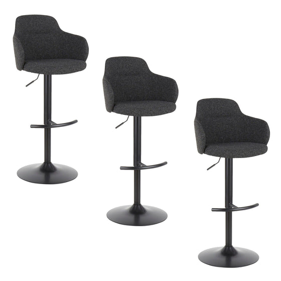 Boyne - Upholstered Adjustable Barstool With Swivel - Black Metal And Dark Gray Noise Fabric With Rounded T Footrest (Set of 3)