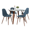 Folia - Square Pebble Dining Set - Walnut Wood, Square Clear Tempered Glass, Walnut Metal And Blue Fabric (Set of 5)