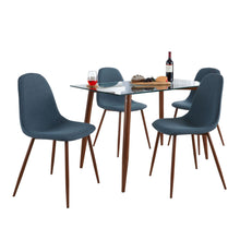  Clara - Pebble Dining Set - Walnut Metal, Clear Glass Tabletop And Blue Fabric Seat (Set of 5)