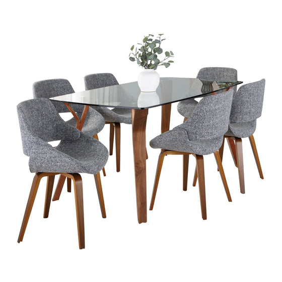 Folia - Fabrizzi - Dining Set - Walnut Wood And Gray Fabric (Set of 7)