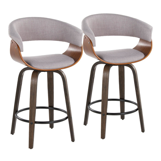 Vintage Mod - 26" Fixed-Height Counter Stool With Swivel - Walnut Glazed Wood And Stone Fabric With Walnut Wood Accents And Round Black Metal Footrest (Set of 2)