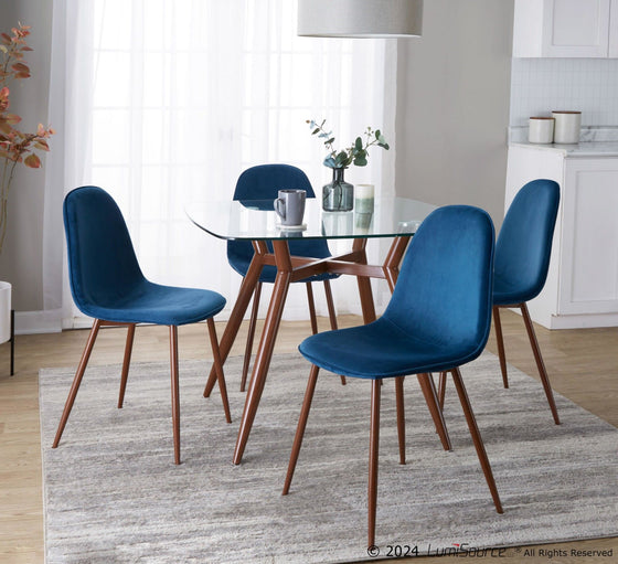 Clara - Pebble Dining Set - Black Metal, Walnut Metal, Clear Glass Tabletop And Blue Fabric (Set of 5)